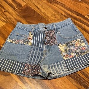 Paris Blues Patchwork Jean Shorts - Blue and Floral